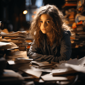 A young girl sitting at a desk, appearing distracted and daydreaming, surrounded by scattered school supplies