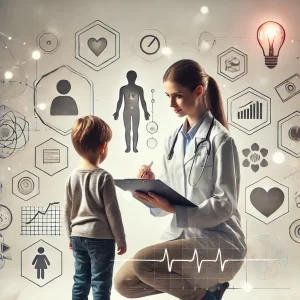 A conceptual image of a healthcare professional assessing a child with symbols of speech bubbles charts and behavioural icons