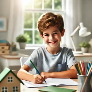 Happy and focused child or adult at a desk, symbolising improved concentration.